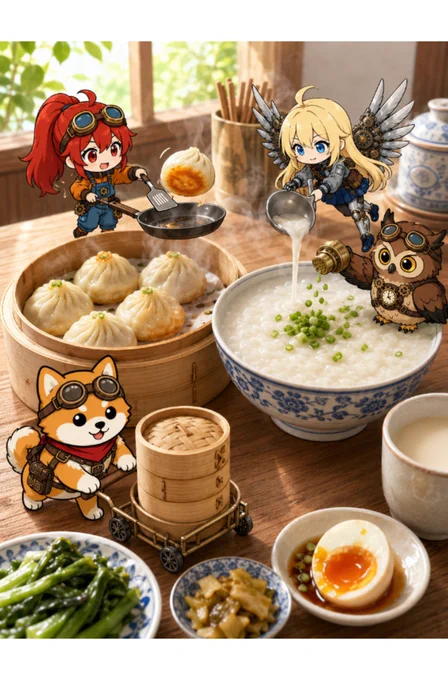 明るい朝の木製テーブルに置かれた、中華風の朝食セットを描いたミクストメディア画像。実写風に描かれた主役は、こんがり焼き目のついた焼き小籠包が入った竹のせいろと、刻みねぎののった温かい中華粥。ほかに青菜炒め、ザーサイ、味付け卵、温かい豆乳が添えられ、やさしくも満足感のある朝食になっている。全体は明るく爽やかな朝の色合いで、湯気やつやでできたて感が伝わる。
赤髪でゴーグルをつけた女の子ソラは、小さなフライパンとヘラを使って焼き小籠包を返している。金髪でメカ翼のある女の子ヒカリは空中に浮かび、おたまで中華粥を器に注いでいる。ゴーグル付きの柴犬コロは、竹のせいろを積んだ小さな台車を押して運んでいる。茶色いスチームパンク風のフクロウフクは、小さな真鍮の入れ物から刻みねぎをふりかけている。4キャラがそれぞれ役割分担しながら中華朝食を仕上げている、にぎやかでわかりやすい朝食シーン。