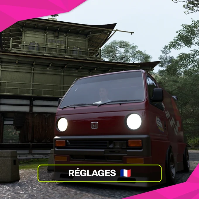 A red Honda van is parked in front of a traditional Japanese building surrounded by trees. The image has a bright pink border. At the bottom, there is a label with the text "RÉGLAGES" and a small French flag.