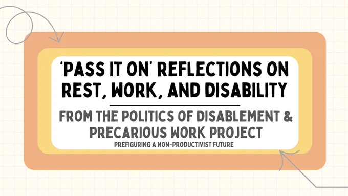 Information card with bold text '‘Pass it on’ reflections on rest, work, and disability. Bread & Roses: The Politics of Rest and Free time in, against, and beyond disabling capitalism'. The text is written within a rectangular shape with a white background. Two larger rectangles are in the background (yellow and peachy orange), on top of a notebook-like patterned background. Two arrows point to the text.