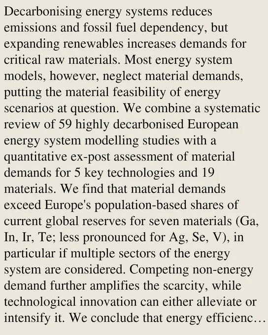 Decarbonising energy systems reduces emissions and fossil fuel dependency, but expanding renewables increases demands for critical raw materials. Most energy system models, however, neglect material demands, putting the material feasibility of energy scenarios at question. We combine a systematic review of 59 highly decarbonised European energy system modelling studies with a quantitative ex-post assessment of material demands for 5 key technologies and 19 materials. We find that material demands exceed Europe's population-based shares of current global reserves for seven materials (Ga, In, Ir, Te; less pronounced for Ag, Se, V), in particular if multiple sectors of the energy system are considered. Competing non-energy demand further amplifies the scarcity, while technological innovation can either alleviate or intensify it. We conclude that energy efficiency, recycling, expanding reserves and technological innovation may only partly address the identified shortages and call for energ