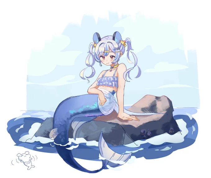 Mimi as a mermaid. Her lower half is a blue fish. She is sitting on a rock in the ocean, looking down at a merdormie in the water.
