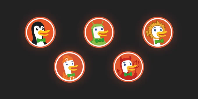 Five DuckDuckGo logos, each with unique clothes and accessories, set against a dark background.