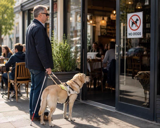 A guide dog user stands outside a café entrance with their guide dog. A sign on the door indicates that dogs are not permitted, highlighting an access barrier that guide dog users may encounter.
