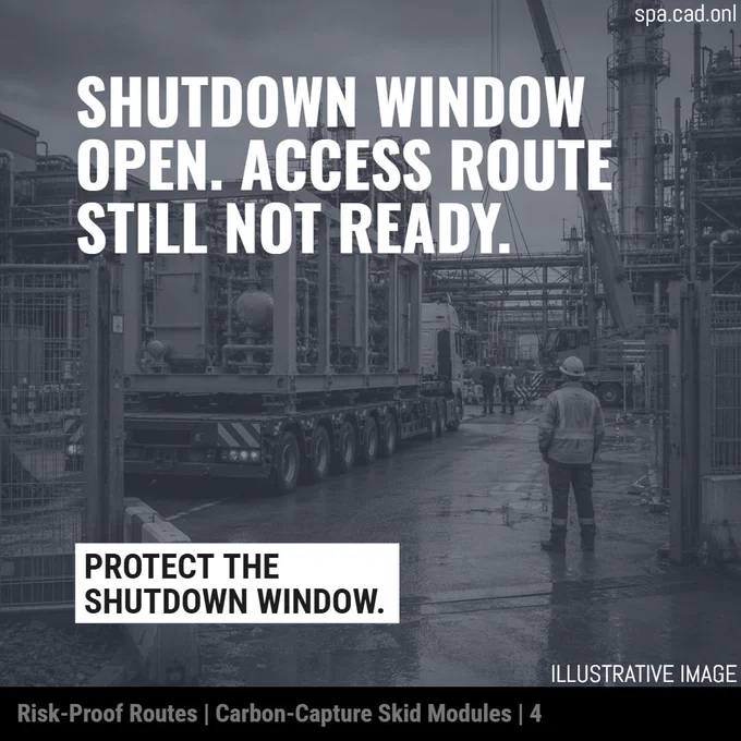 Illustrative image showing a specialist transporter carrying a large modular process skid through a gated industrial plant access route, with a mobile crane, pipework, steel structures and workers visible around the workface. The scene suggests a shutdown or outage delivery window where access to the tie-in area is still constrained. Overlaid text reads: “Shutdown window open. Access route still not ready.” and “Protect the shutdown window.