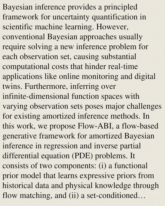 Bayesian inference provides a principled framework for uncertainty quantification in scientific machine learning. However, conventional Bayesian approaches usually require solving a new inference problem for each observation set, causing substantial computational costs that hinder real-time applications like online monitoring and digital twins. Furthermore, inferring over infinite-dimensional function spaces with varying observation sets poses major challenges for existing amortized inference methods. In this work, we propose Flow-ABI, a flow-based generative framework for amortized Bayesian inference in regression and inverse partial differential equation (PDE) problems. It consists of two components: (i) a functional prior model that learns expressive priors from historical data and physical knowledge through flow matching, and (ii) a set-conditioned functional posterior sampler mapping observation sets to functional posterior distributions. The learned posterior model naturally acco