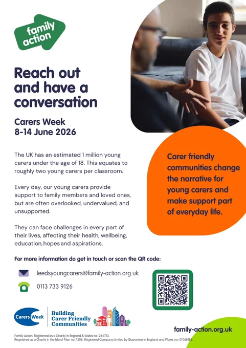 Poster with text and a photo image of a young carer talking with an adult, highlighting support during Carers Week 2026 by Family Action.

