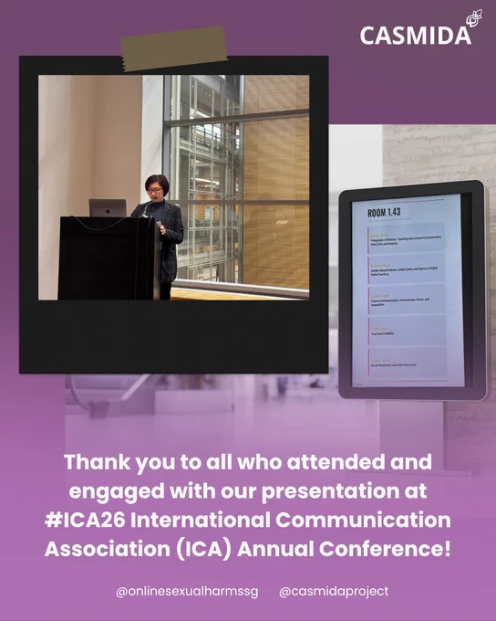 Dr Michelle Ho at a podium with a microphone. Image captioned "Thank you to all who attended and engaged with our presentation at #ICA26 International Communication Association (ICA) Annual Conference!" 