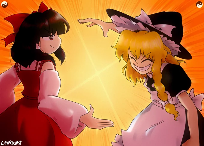 Reimu Hakurei and Marisa Kirisame ready themselves to perform what's likely to be the biggest dap up gensokyou has ever seen

When saludas a tu amigo