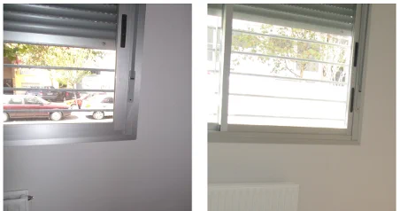 Ventana corredera, antes y después de disponer mecanismo de apertura para posibilitar su manipulación a personas en silla de ruedas o de baja estatura
