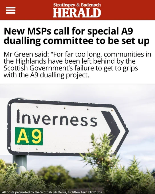 Strathspey and Badenoch Herald.

New MSPs call for special A9 dualling committee to be set up.

Mr Green said: "For far too long, communities in the Highlands have been left behind by the Scottish Government's failure to get to grips with the A9 dualling project.