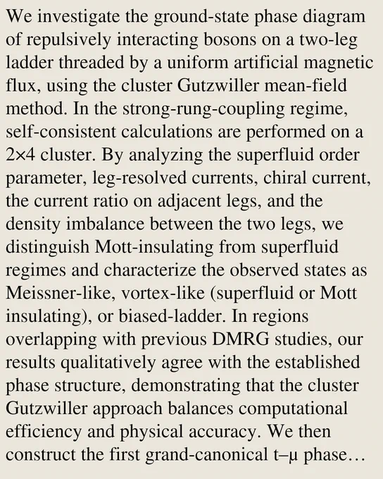 We investigate the ground-state phase diagram of repulsively interacting bosons on a two-leg ladder threaded by a uniform artificial magnetic flux, using the cluster Gutzwiller mean-field method. In the strong-rung-coupling regime, self-consistent calculations are performed on a 2×4 cluster. By analyzing the superfluid order parameter, leg-resolved currents, chiral current, the current ratio on adjacent legs, and the density imbalance between the two legs, we distinguish Mott-insulating from superfluid regimes and characterize the observed states as Meissner-like, vortex-like (superfluid or Mott insulating), or biased-ladder. In regions overlapping with previous DMRG studies, our results qualitatively agree with the established phase structure, demonstrating that the cluster Gutzwiller approach balances computational efficiency and physical accuracy. We then construct the first grand-canonical t–μ phase diagrams for this system, revealing how the magnetic flux modifies the shape, tilt,