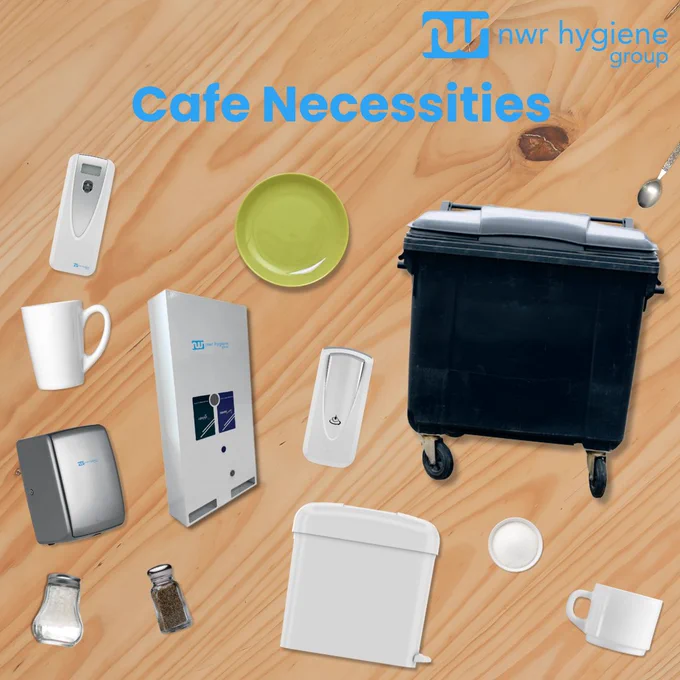 Cafe/restaurant equipment: salt and pepper shakers, tea cups/coffee mugs, plates, spoons
Hygiene equipment/washroom facilities: white sanitary/washroom bin, white hand soap/sanitiser dispenser, washroom vending machine, silver/chrome hand dryer, white air freshener
