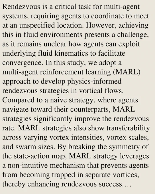 Rendezvous is a critical task for multi-agent systems, requiring agents to coordinate to meet at an unspecified location. However, achieving this in fluid environments presents a challenge, as it remains unclear how agents can exploit underlying fluid kinematics to facilitate convergence. In this study, we adopt a multi-agent reinforcement learning (MARL) approach to develop physics-informed rendezvous strategies in vortical flows. Compared to a naive strategy, where agents navigate toward their counterparts, MARL strategies significantly improve the rendezvous rate. MARL strategies also show transferability across varying vortex intensities, vortex scales, and swarm sizes. By breaking the symmetry of the state-action map, MARL strategy leverages a non-intuitive mechanism that prevents agents from becoming trapped in separate vortices, thereby enhancing rendezvous success. Additionally, a heuristic strategy is extracted from the learned strategy and also outperforms the naive strategy.