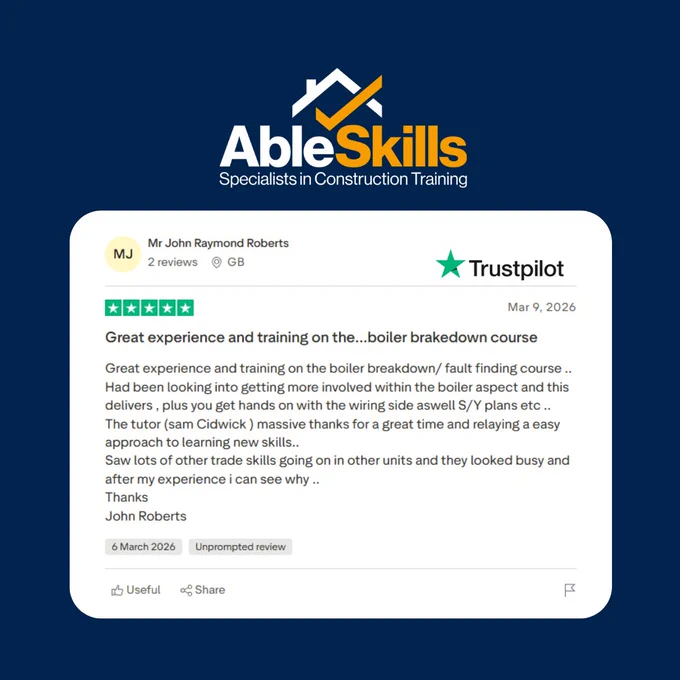 Trustpilot review praising AbleSkills for hands-on boiler breakdown training and effective teaching methods.