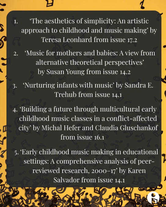 List of five academic articles on childhood music education and theory from various journal issues.