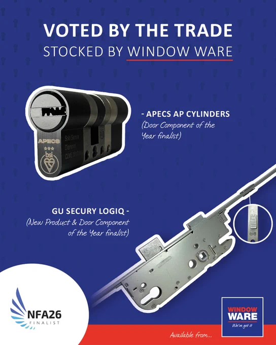 APEC AP Cylinders and GU Security Logiq lock parts displayed with text highlighting their finalist status in 2026 National Fenestration Awards - both stocked by Window Ware.