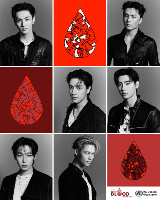 Collage of six black-and-white portraits of Asian men in leather jackets interspersed with three red blood drop illustrations featuring abstract human figures.

World Health Organization logo and World Blood Donor Day visual identity at the bottom right.