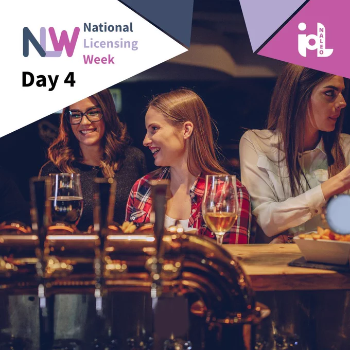 Day 4 of National Licensing Week 2026. Three people enjoying an evening at a licensed bar, beer taps visible in the foreground. NLW 2026 branding top left.