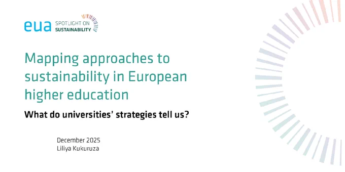 Cover of a publication titled 'Mapping approaches to sustainability in European higher education. What do universities’ strategies tell us?' by Liliya Kukuruza, featuring the EUA spotlight on sustainability logo.