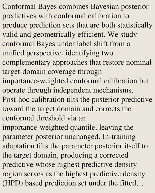 Conformal Bayes combines Bayesian posterior predictives with conformal calibration to produce prediction sets that are both statistically valid and geometrically efficient. We study conformal Bayes under label shift from a unified perspective, identifying two complementary approaches that restore nominal target-domain coverage through importance-weighted conformal calibration but operate through independent mechanisms. Post-hoc calibration tilts the posterior predictive toward the target domain and corrects the conformal threshold via an importance-weighted quantile, leaving the parameter posterior unchanged. In-training adaptation tilts the parameter posterior itself to the target domain, producing a corrected predictive whose highest predictive density region serves as the highest predictive density (HPD) based prediction set under the fitted target predictive; efficiency is model-dependent and does not imply finite-sample conditional optimality. Two controlled experiments show that 