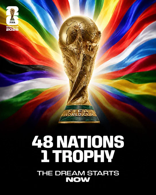 A graphic with an image of the FIFA World Cup trophy overlaid with text which reads: "48 nations, 1 trophy. The dream starts now."