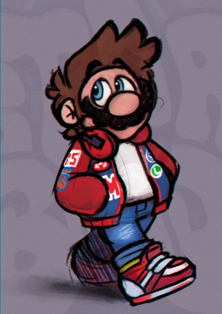 An illustration of Super Mario mid-walk wearing a casual red/blue outfit, he is against a gray background and looking off to the side.