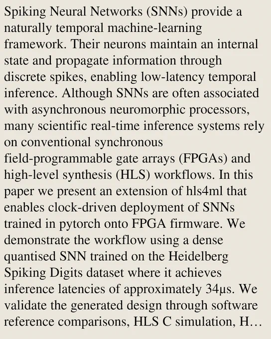 Spiking Neural Networks (SNNs) provide a naturally temporal machine-learning framework. Their neurons maintain an internal state and propagate information through discrete spikes, enabling low-latency temporal inference. Although SNNs are often associated with asynchronous neuromorphic processors, many scientific real-time inference systems rely on conventional synchronous field-programmable gate arrays (FPGAs) and high-level synthesis (HLS) workflows. In this paper we present an extension of hls4ml that enables clock-driven deployment of SNNs trained in pytorch onto FPGA firmware. We demonstrate the workflow using a dense quantised SNN trained on the Heidelberg Spiking Digits dataset where it achieves inference latencies of approximately 34μs. We validate the generated design through software reference comparisons, HLS C simulation, HLS synthesis, export, and Vivado synthesis reports. This work opens up the hls4ml toolkit to neuromorphic computing, allowing streamlined optimisation, s