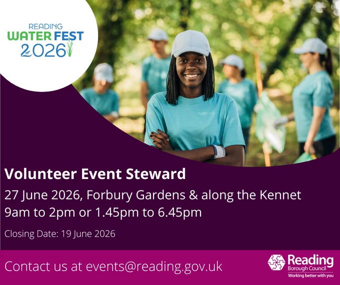 Volunteers needed for Reading Water Fest 2026. Event stewards sought for 27 June 2026. Contact events@reading.gov.uk.