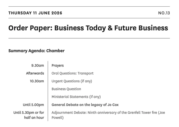 House of Commons Order Paper Thursday 11 June 2026, link in post for full Order Paper.