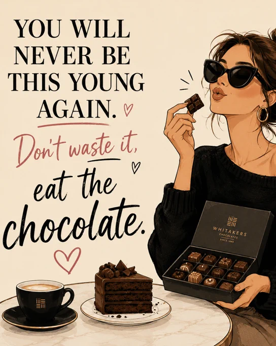 A stylish woman enjoys chocolate with motivational text overlay, highlighting the importance of living life to the fullest. The mood is luxurious and indulgent.