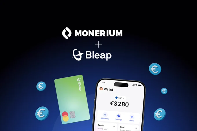 Promotional image showcasing Monerium's partnership with Bleap. Features a smartphone displaying a wallet app and a payment card.