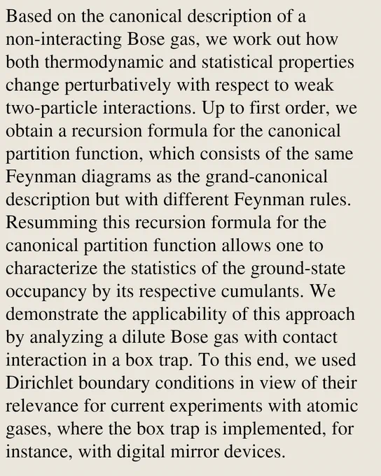 Based on the canonical description of a non-interacting Bose gas, we work out how both thermodynamic and statistical properties change perturbatively with respect to weak two-particle interactions. Up to first order, we obtain a recursion formula for the canonical partition function, which consists of the same Feynman diagrams as the grand-canonical description but with different Feynman rules. Resumming this recursion formula for the canonical partition function allows one to characterize the statistics of the ground-state occupancy by its respective cumulants. We demonstrate the applicability of this approach by analyzing a dilute Bose gas with contact interaction in a box trap. To this end, we used Dirichlet boundary conditions in view of their relevance for current experiments with atomic gases, where the box trap is implemented, for instance, with digital mirror devices.