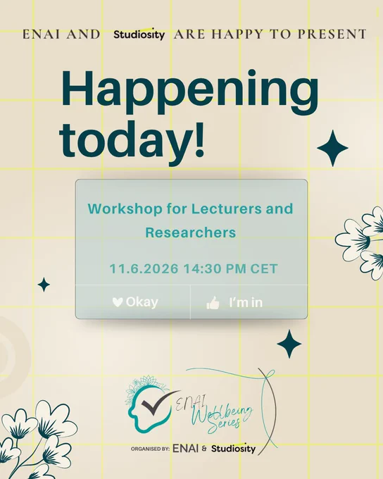 A vibrant announcement for a workshop aimed at lecturers and researchers, hosted by ENAI and Studiosity on 11th June 2026 at 14:30 CET.