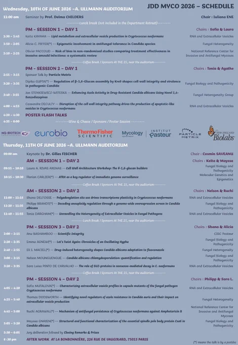 Printed program of JDD MYCo 2026 at Institut Pasteur, showing the agenda, scientific sessions, presentations, and networking activities scheduled throughout the event.