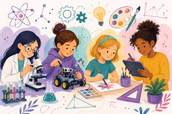 Imagen ilustrativa de niñas y jóvenes en áreas STEAM