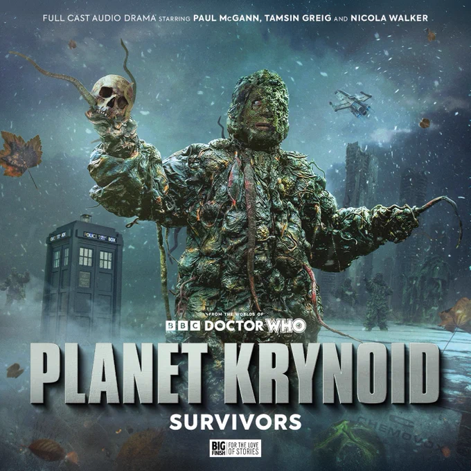 Sean Longmore's cover artwork for Planet Krynoid: Survivors, foregrounding a half-human, half-Krynoid mutant holding a skull, standing in a snowy winter setting. Other mutants are behind, and spaceships fly overhead. The TARDIS remains alone amidst the chaos. 