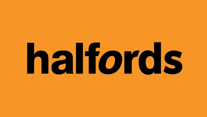 Halfords logo in bold black font on an orange background representing the UK automotive retailer.
