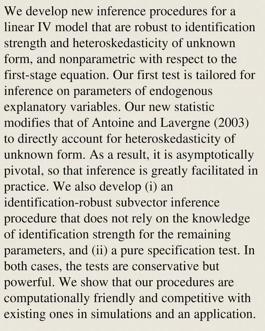 We develop new inference procedures for a linear IV model that are robust to identification strength and heteroskedasticity of unknown form, and nonparametric with respect to the first-stage equation. Our first test is tailored for inference on parameters of endogenous explanatory variables. Our new statistic modifies that of Antoine and Lavergne (2003) to directly account for heteroskedasticity of unknown form. As a result, it is asymptotically pivotal, so that inference is greatly facilitated in practice. We also develop (i) an identification-robust subvector inference procedure that does not rely on the knowledge of identification strength for the remaining parameters, and (ii) a pure specification test. In both cases, the tests are conservative but powerful. We show that our procedures are computationally friendly and competitive with existing ones in simulations and an application.