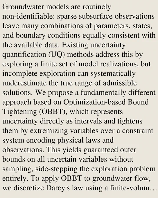 Groundwater models are routinely non-identifiable: sparse subsurface observations leave many combinations of parameters, states, and boundary conditions equally consistent with the available data. Existing uncertainty quantification (UQ) methods address this by exploring a finite set of model realizations, but incomplete exploration can systematically underestimate the true range of admissible solutions. We propose a fundamentally different approach based on Optimization-based Bound Tightening (OBBT), which represents uncertainty directly as intervals and tightens them by extremizing variables over a constraint system encoding physical laws and observations. This yields guaranteed outer bounds on all uncertain variables without sampling, side-stepping the exploration problem entirely. To apply OBBT to groundwater flow, we discretize Darcy's law using a finite-volume scheme and handle the resulting bilinear terms through McCormick relaxations. We show that these relaxations can break th