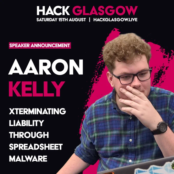 Speaker card with photo of Aaron Kelly and his talk title 'Xterminating liability through spreadsheet malware'