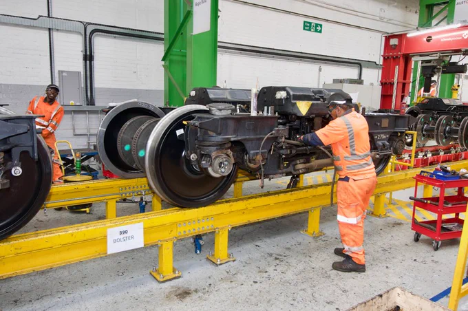 Work takes place on Pendolino bogies in Alstom's Crewe works. PHILIP HAIGH.