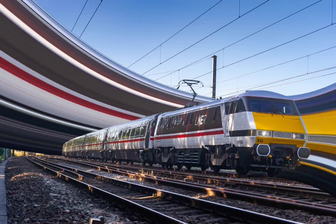 An InterCity 225 train with slices of its livery colours stretching out to the left and right.