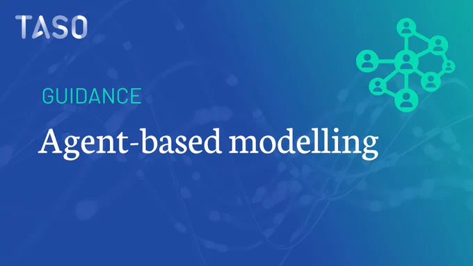 Graphic with a blue-to-teal gradient background and faint abstract network lines. The TASO logo appears in the top-left corner. Large text in the centre-left reads “GUIDANCE” and “Agent-based modelling”. In the top-right corner, a teal icon shows several people connected by lines, representing networks, interaction, and agent-based modelling.