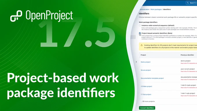 OpenProject 17.5 showcases project-based work package identifiers, enhancing agile project management features with a green background.