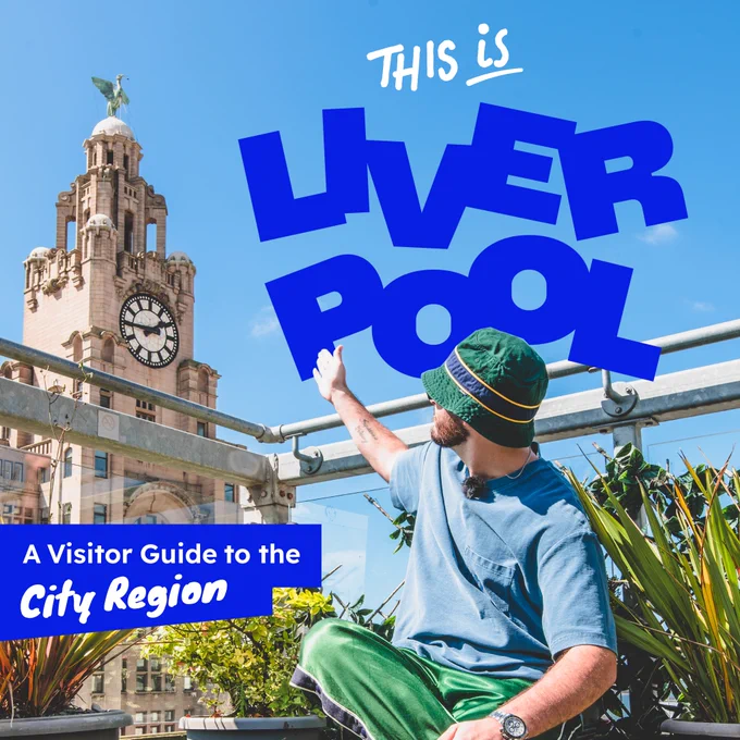 Promotional artwork:

This is Liverpool - A Visitor Guide to the City Region.

Image of a male visitor pointing to the Royal Liver Building - one of Liverpool's world-famous landmarks - from a rooftop bar