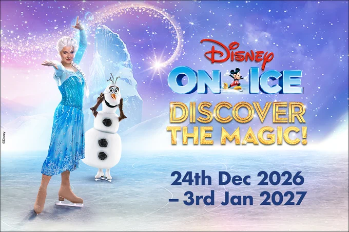Disney On Ice promotional image featuring Elsa and Olaf from Frozen on an icy stage