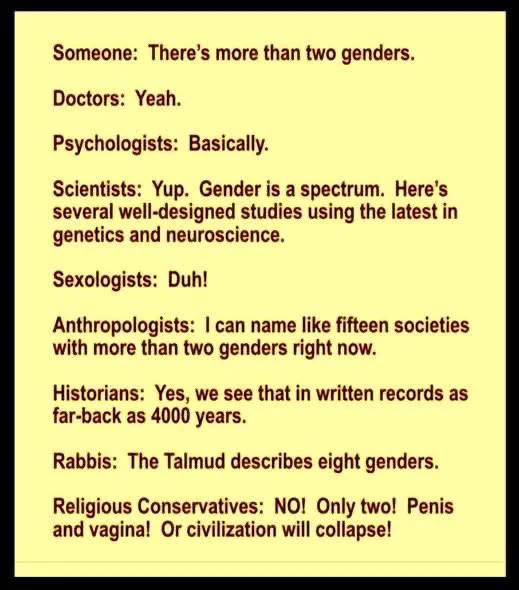 Someone: There's more than two genders.
Doctors: Yeah.
Psychologists: Basically.
Scientists: Yup. Gender is a spectrum. Here's several well-designed studies using the latest in genetics and neuroscience.
Sexologists: Duh!
Anthropologists: I can name like fifteen societies with more than two genders right now.
Historians: Yes, we see that in written records as far-back as 4000 years.
Rabbis: The Talmud describes eight genders.
Religious Conservatives: NO! Only two! Penis and vagina! Or civilization will collapse!