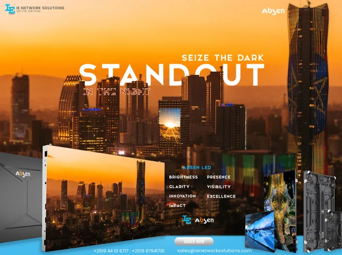 #IENetworks #DigitalEthiopia2030 #Absen #LEDDisplay #IndoorLED #OutdoorLED #AddisAbaba #Ethiopia #SmartCity #DigitalSignage #IENetworkSolutions #GetTheJobDone #VisualImpact #LEDTechnology #BrandVisibility #SmartInfrastructure