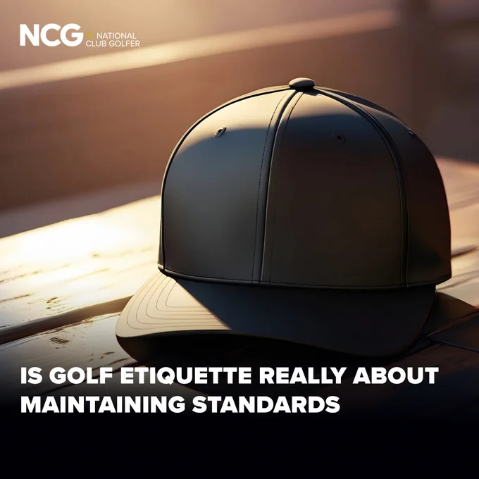 A close-up shot of a cap on a table with text questioning if golf etiquette is about maintaining standards. The scene has a reflective and contemplative mood.