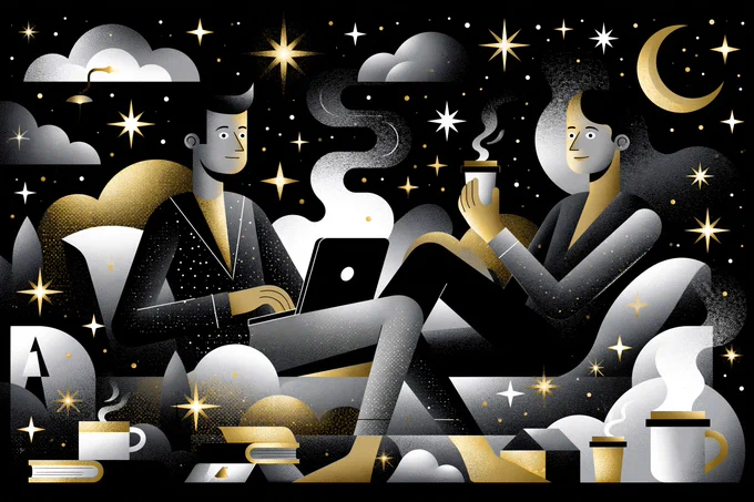 Create a [Subject: who, where, what...] [Doing what? When?] in a stylized monochrome illustration, black-white-gray palette with soft shading, gold accents, clean outlines, flat backgrounds, minimal gradients, high contrast, balanced and centered compositions.